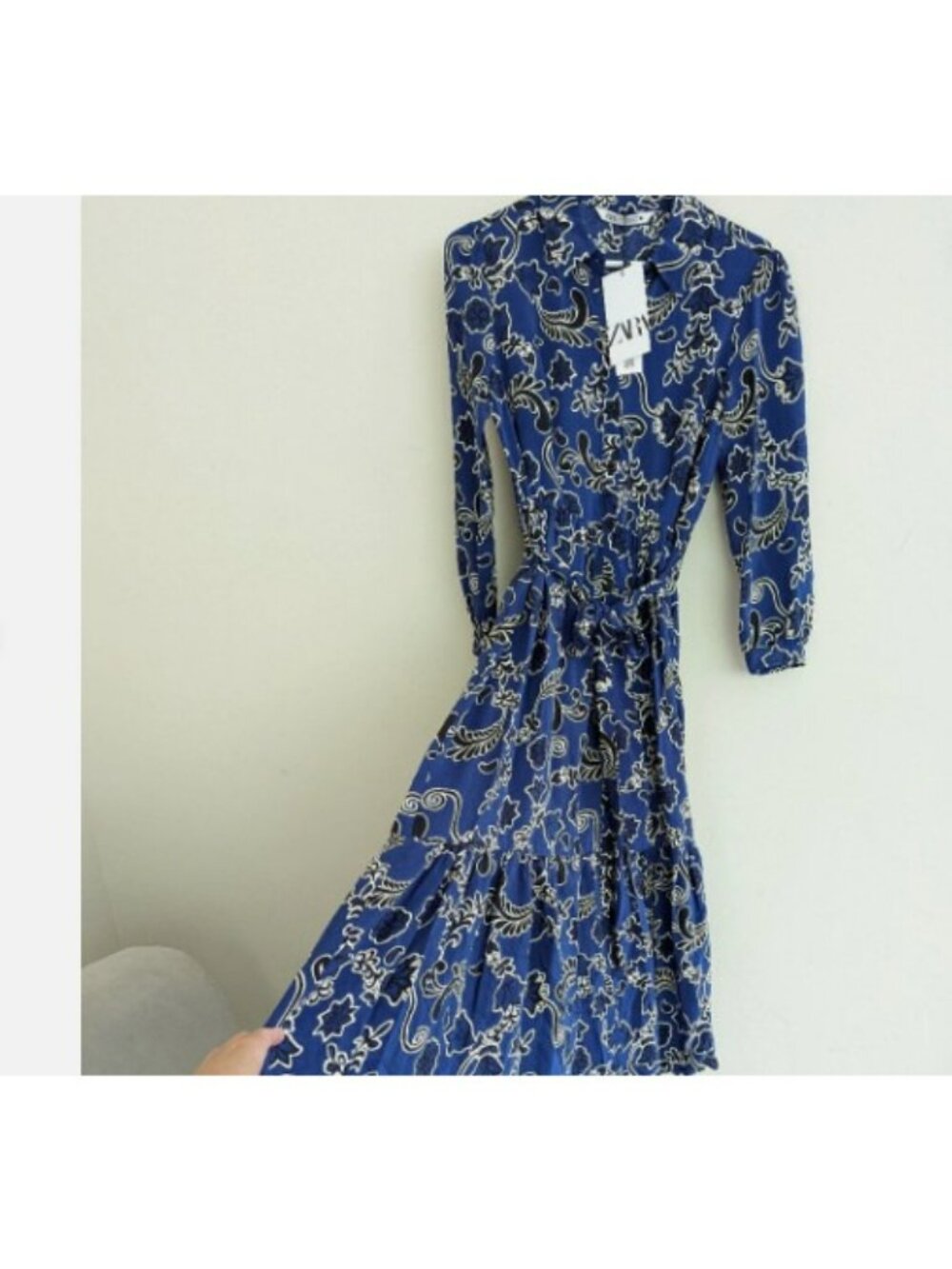 Zara Printed Midi Shirt Dress Navy Blue Floral Dress Size M 3198/041 - Picture 2 of 12
